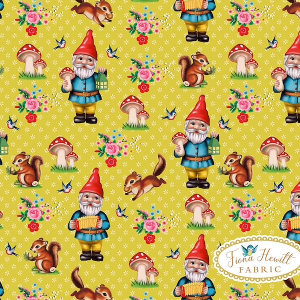 Yellow Gnome fabric 0.5M x 1.48M vintage garden gnomes kitsch retro gmomes material Fiona Hewitt fabric