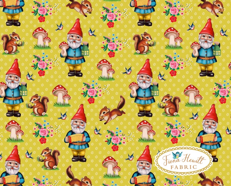 Yellow Gnome fabric 0.5M x 1.48M vintage garden gnomes kitsch retro gmomes material Fiona Hewitt fabric image 1
