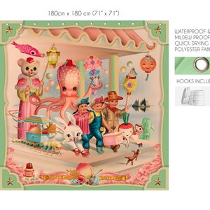May include: A colourful tapestry depicting a whimsical parade of animals and characters, including an octopus, a rabbit, and a bear. The tapestry is framed with a green border and features the text "Kingdom of Happy Joy".