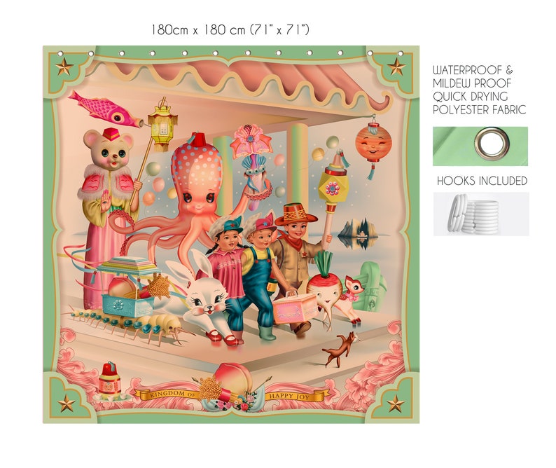 May include: A colourful tapestry depicting a whimsical parade of animals and characters, including an octopus, a rabbit, and a bear. The tapestry is framed with a green border and features the text "Kingdom of Happy Joy".