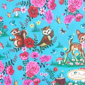 Forrest Bambi tuquoise fabric 0.5M x 1.42M cotton style deer fabric by Fiona Hewitt fabric vintage bambi fabric, kitsch happy deer fabric