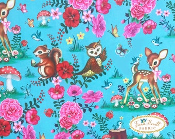 May include: A blue fabric with a repeating pattern of pink and red flowers, mushrooms, birds, squirrels, and deer. The fabric has the text "Fiona Hewitt Fabric" in a white circle with a pink border.