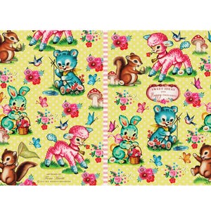 May include: A whimsical pattern featuring cartoon animals like squirrels, lambs, bears, and bunnies, set against a yellow backdrop with polka dots. The design includes flowers, butterflies, and mushrooms, with the text "Sweet Ideas and Happy Thoughts".