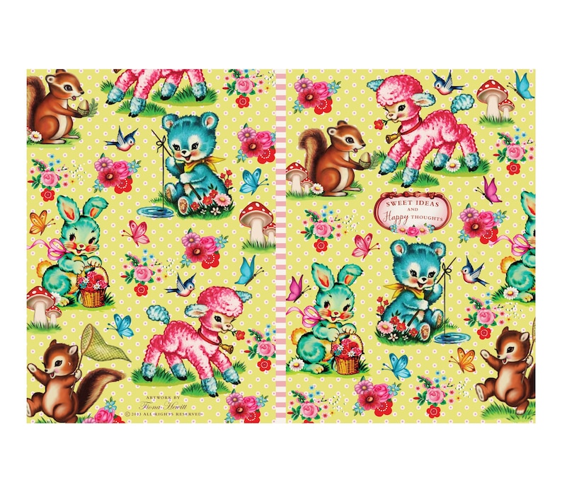 May include: A whimsical pattern featuring cartoon animals like squirrels, lambs, bears, and bunnies, set against a yellow backdrop with polka dots. The design includes flowers, butterflies, and mushrooms, with the text "Sweet Ideas and Happy Thoughts".