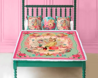 Bunny Girl blanket sherpa lined 130cmx150cm joyful retro Asian kitsch blanket vintage bed throw, sofa throw