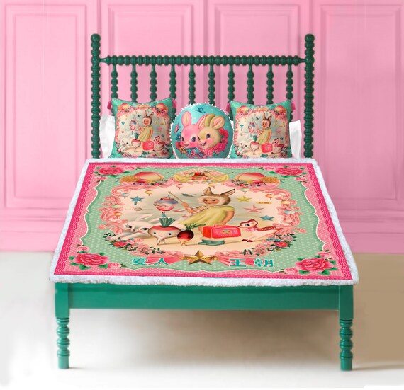 Bunny Girl blanket sherpa lined 130cmx150cm joyful retro Asian kitsch blanket vintage bed throw sofa throw