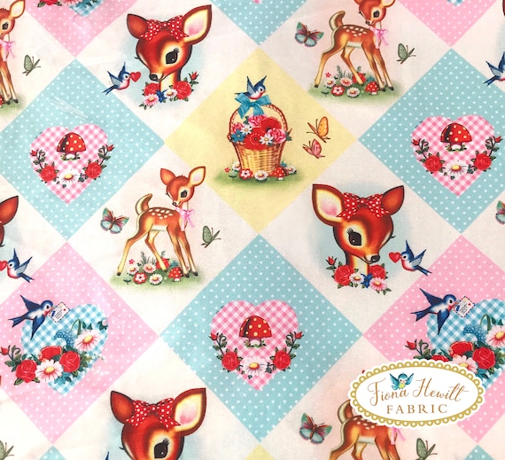 Pastel Diamond Deer Fabric, Retro Bambi Style polyester cotton style (0.5M x 1.42M)