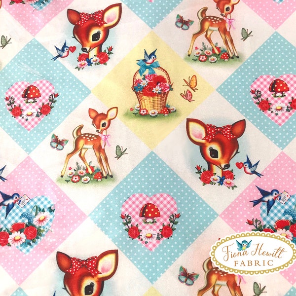 Pastel Diamond Deer fabric 0.5M x 1.42M cotton style deer fabric by Fiona Hewitt fabric vintage bambi fabric, kitsch happy deer fabric