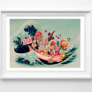 Peace & Love A3 signed print by Fiona Hewitt, pop surreal, Asian kitsch print, retro chinese style, kawaii, vintage,