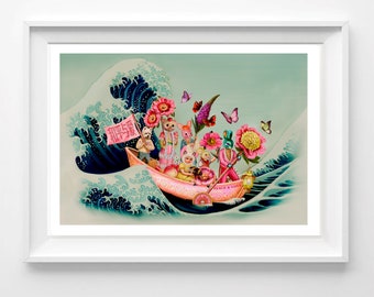 Peace & Love A3 signed print by Fiona Hewitt, pop surreal, Asian kitsch print, retro chinese style, kawaii, vintage,