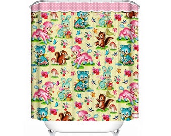 Cute animals Shower Curtain cute bunny, cute bear, cute lamb vintage kitsch shower art by Fiona Hewitt 180cm x180cm