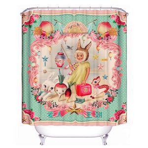 Bunny Girl Shower Curtain vintage, asian, pop-surreal, bunny ears girl shower curtain by Fiona Hewitt 180cm x180cm