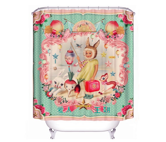 Vintage Bunny Girl Shower Curtain: Pop-Surreal Asian Style