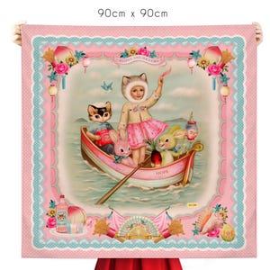 Boat of Hope double sided satin scarf 90cm and 60cm cute cat ears girl scarf, vintage kitsch Asian nostalgia fiona hewitt scarf