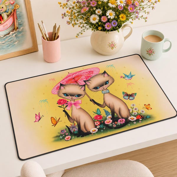 Vintage Siamese Cats Desk Mat | Retro Kittens, workspace mat