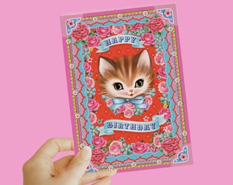 Retro kitty birthday card, cute kitty birthday, cat lover card, sweet retro  birthday card