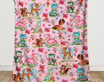 Coperta in velluto con stampa di animali vintage per neonati: coperta kitsch per la cameretta dei bambini