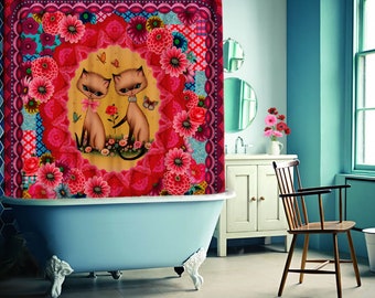Sweet Love Shower Curtain Siamese cats kitsch shower art by Fiona Hewitt 180cm x180cm