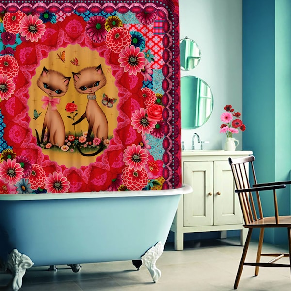 Rideau de douche Sweet Love, chats siamois, art de la douche kitsch, par Fiona Hewitt 180 cm x180 cm