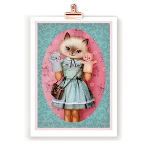 Sweet cat print, signed cute kitten print, kid's room prints, Girl room art,  14.8 cm x 21 cm, cat wall art, Fiona Hewitt art