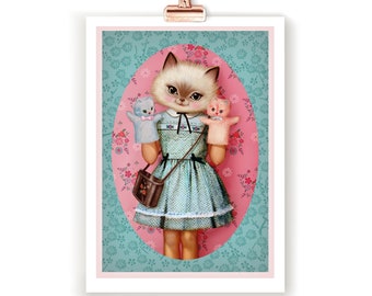 Sweet cat print, signed cute kitten print, kid's room prints, Girl room art,  14.8 cm x 21 cm, cat wall art, Fiona Hewitt art