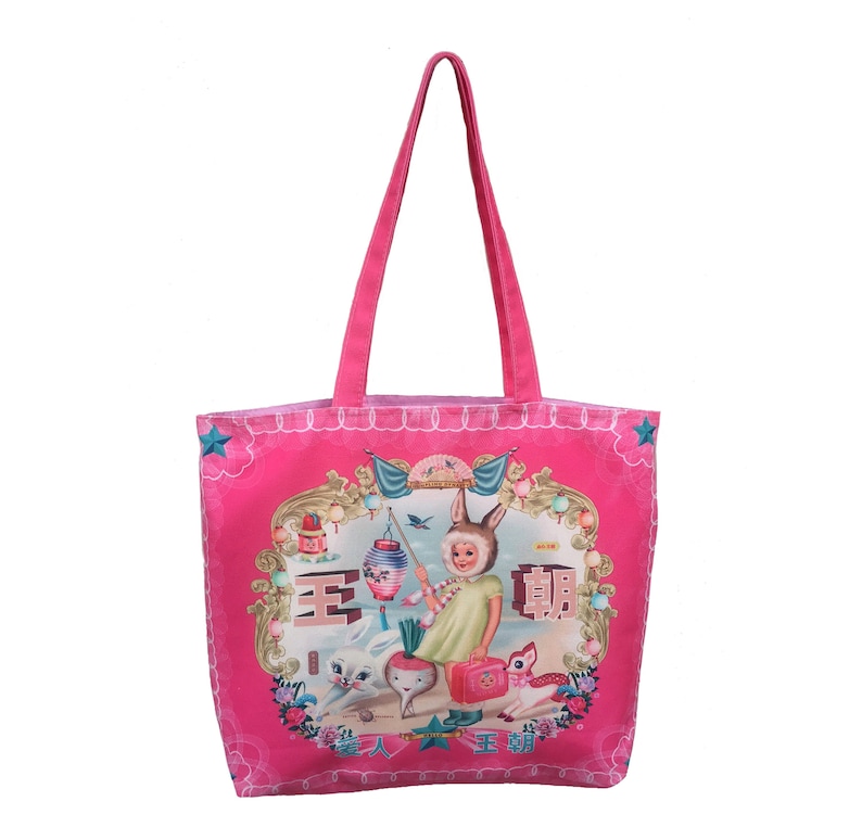 Bunny Girl Shooper Bag Asian nostalgia 50's kitsch Tote Sweet Cookies Girl rabbit and deer tote bag 