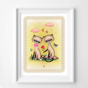 Siamese Cats in Love Print: Retro Kitsch Kitten Art