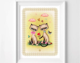 Siamese Cats in Love Print: Retro Kitsch Kitten Art
