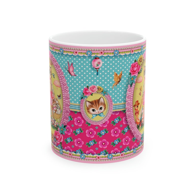 Kitty and friends 11oz ceramic mug, vintage style cute kitty ceramic mug image 4
