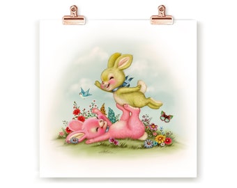 Happy Bunnies Signed Print adorable 1950's children book style vintage sweet kitsch bunnies childhood nostalgia bunny art cute rabbits