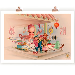 Kingdom of Happy Joy A3 signed print by Fiona Hewitt, pop surreal, Asian kitsch print, retro chinese style, kawaii, vintage,