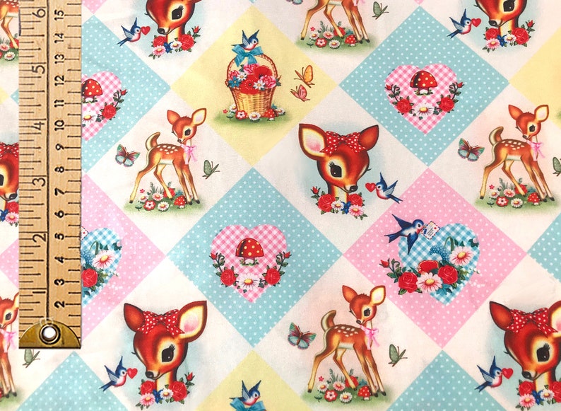 Pastellfärgat diamanthjorttyg, retro Bambi-stil i polyester-bomull (0,5 M x 1,42 M) bild 2