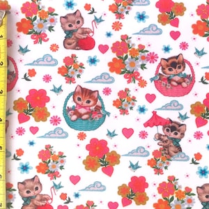 Kitties and clouds fabric 0.5M x 1.48M cotton jersey kitsch cat fabric retro cotton kawaii fabric