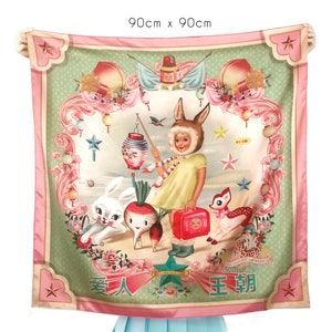 Bunny Girl double sided satin scarf 90cm and 60cm cute bunny ears girl scarf, vintage kitsch Asian nostalgia fiona hewitt scarf