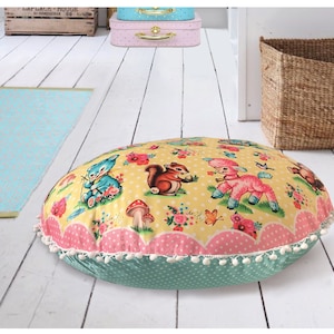 Cute animal floor cushion cover, 70cm 28" diametre, retro bambi cushion, deer cushion, cute bunny, bear, deer theme cushion