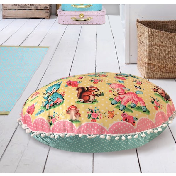 Cute animal floor cushion cover, 70cm 28" diametre, retro bambi cushion, deer cushion, cute bunny, bear, deer theme cushion