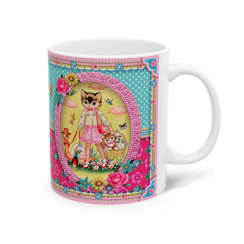 Kitty and friends 11oz ceramic mug, vintage style cute kitty ceramic mug image 2