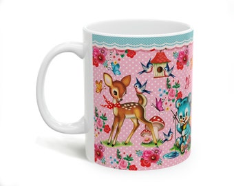 vintage baby animals mug 11oz ceramic mug, pink vintage style kitsch baby animals mug