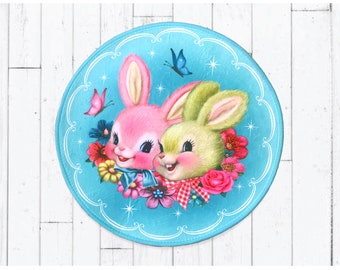 Happy Bunnies decorative floor mat vintage style rabbit bath mat 60cm x 60cm retro kitsch decorative mat for bedroom, nursery or entranceway