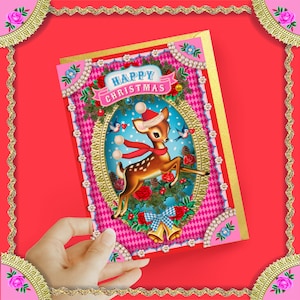 Carte de Noël Leaping Bambi, carte de Noël sautant de cerf mignon, carte bambi festive, carte 5 « x 7 »