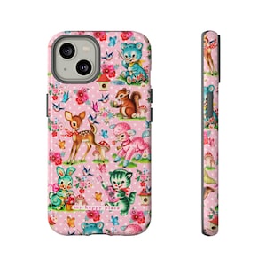 Różowe zwierzęce etui Tough Case na iPhone'a, Samsunga, Google Pixel etui na telefon słodkie retro zwierzęce etui Tough Cases Fiona Hewitt Art