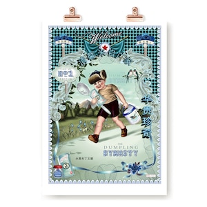 May include: A vintage-style illustration of a young boy wearing a fur hat and carrying a bucket and a spoon. The illustration is set against a green and blue background with the text "The Dumpling Dynasty" and Chinese characters.