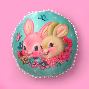 Happy Bunnies 45cm diametre cushion cover, round kitsch bunny cushion, retro vintage bunny cushion