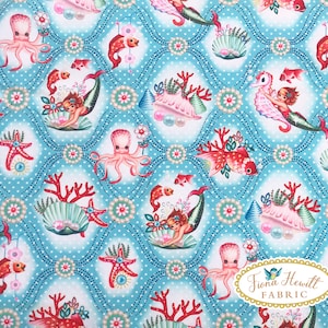 Mermaid fabric 0.5M x 1.48M vintage mermaid polycotton octopus fabric by Fiona Hewitt