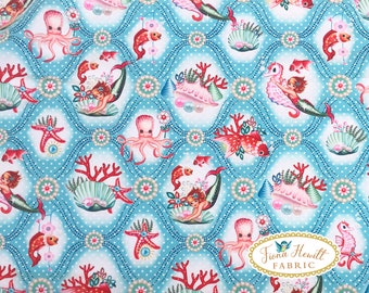 May include: A fabric with a repeating pattern of mermaids, octopuses, seahorses, starfish, and coral on a light blue background. The design includes white polka dots and a wavy pattern. The fabric has the text "Fiona Hewitt FABRIC" in a gold oval.