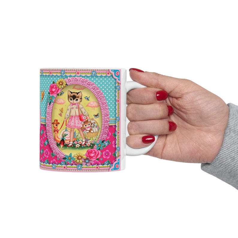 Kitty and friends 11oz ceramic mug, vintage style cute kitty ceramic mug image 5