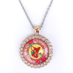 pink bambi rhinestone necklace with cabochon, cute bambi theme necklace vintage cute jewellery