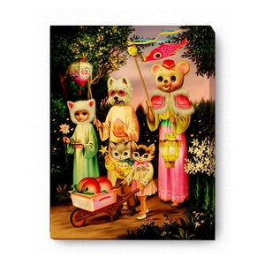 Adoration of the Peaches  canvas, 30cm x 40cm Fiona Hewitt Art, Asian kitsch, vintage, retro, kitsch lantern festival