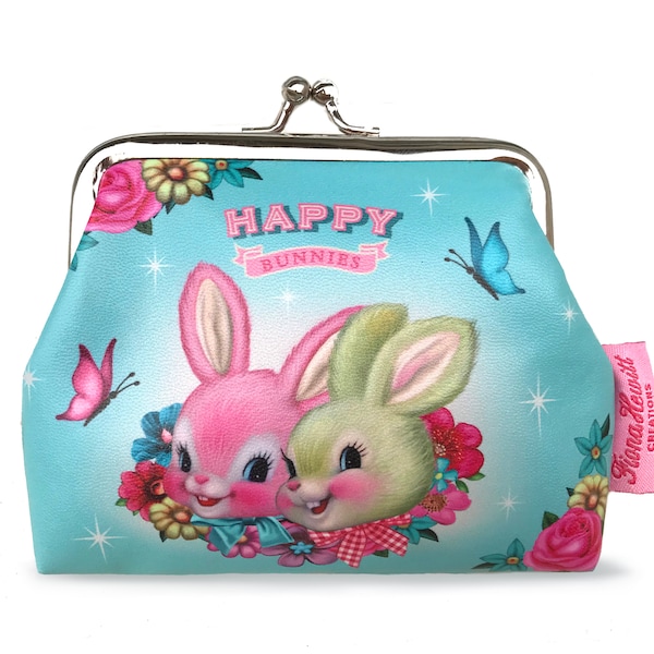 Kitschy cute 'Happy Bunnies' coin purse vintage bunny 1950's sweet bunny nostalgia by Fiona Hewitt