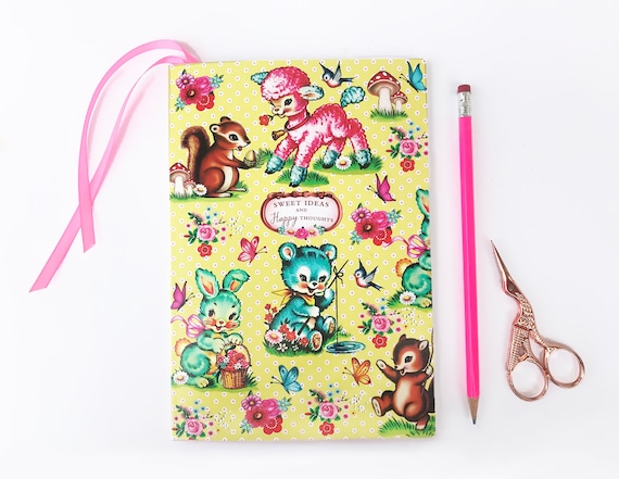 Kitschy Cute A5 notebook, Sweet animal journal, 80 paged notebook with bookmark, happiness notebook